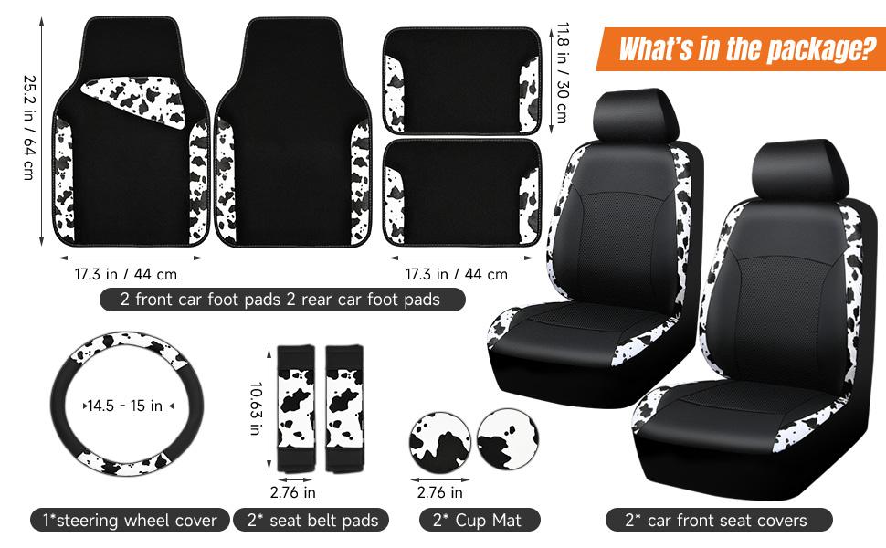 CAR PASS Waterproof Universal Fit Car Floor Mats, Cow Print Car Mats Fit for SUV,Vans,sedans, Trucks,Heel Backing,Cute Women Girly Funny Black White