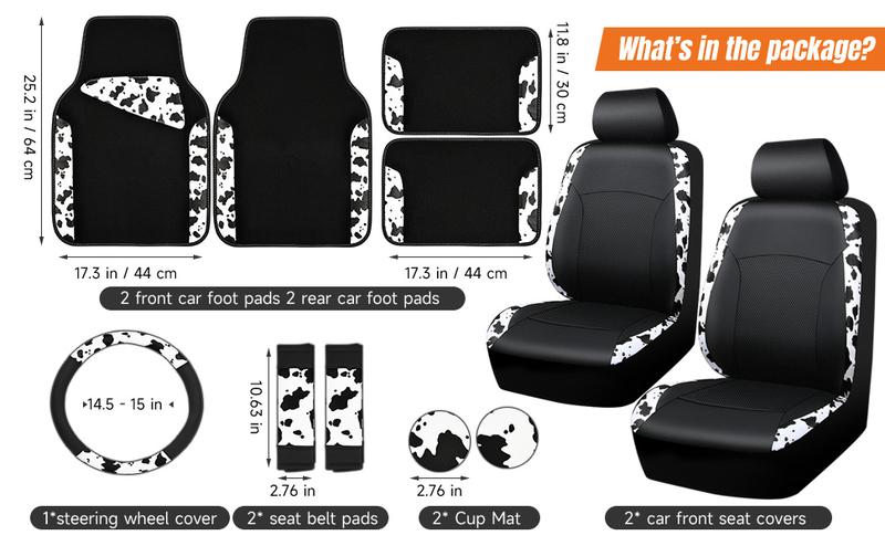 CAR PASS Waterproof Universal Fit Car Floor Mats, Cow Print Car Mats Fit for SUV,Vans,sedans, Trucks,Heel Backing,Cute Women Girly Funny Black White
