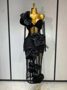 Diana One-Shoulder Bow Mesh Bodycon Dress with Gloves