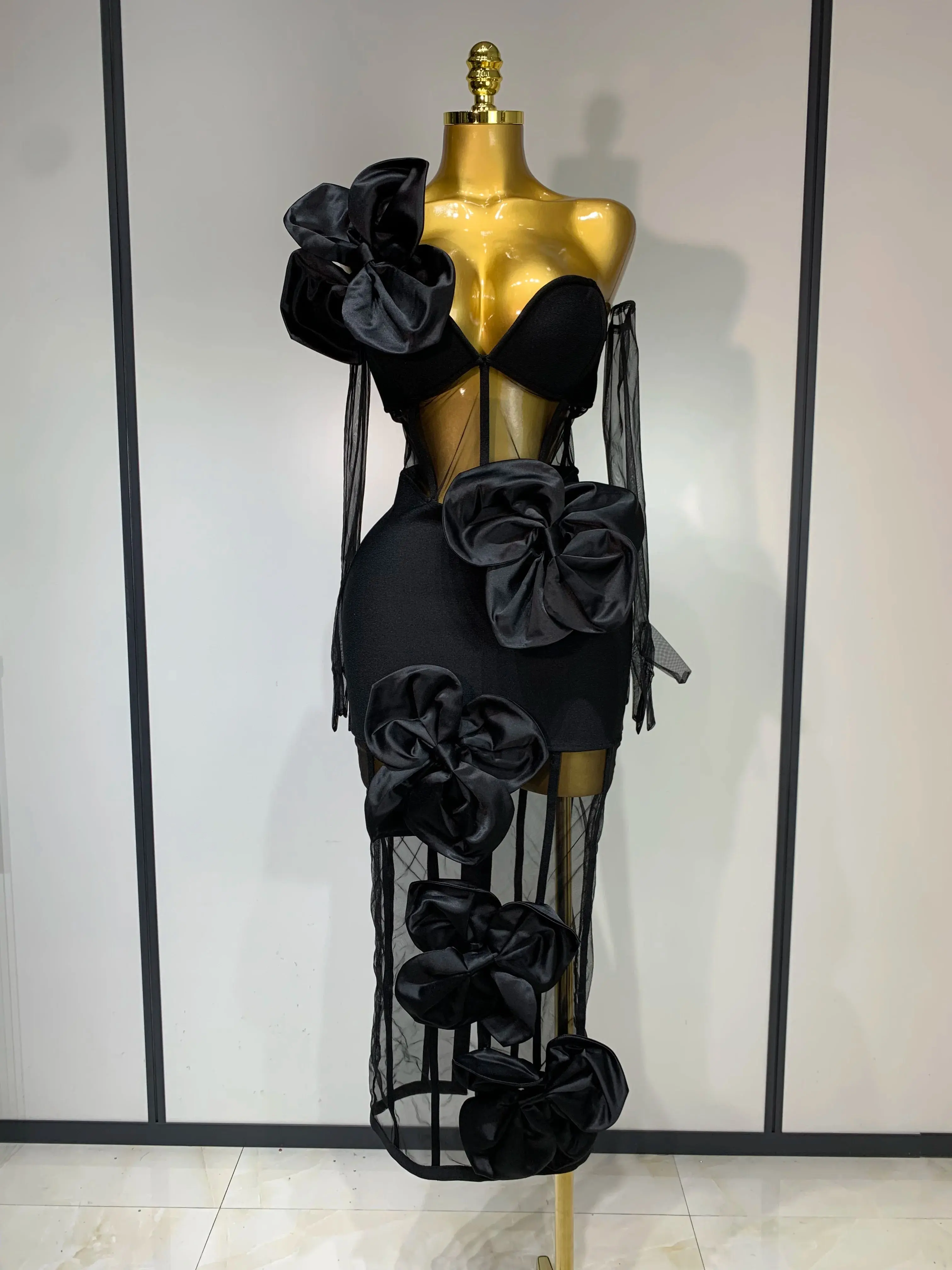 Diana One-Shoulder Bow Mesh Bodycon Dress with Gloves
