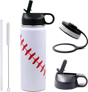 18 oz Baseball Water Bottle, Sports Flask Metal Travel Tumbler with 2 Lids, Stainless Steel Double Wall Vacuum Insulated Leak Proof Thermo Water Bottles, Baseball Accessories Gifts for Mom Boys Girls