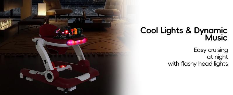 6-in-1 Baby Walker, Foldable Activity Walker with Adjustable Height & Speed, Music, Lights, Anti-Rollover, Toddler Push Walker, Baby Walker with Wheels for Boys & Girls 6-18 Months