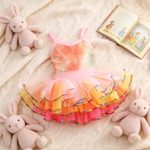 Girls Rainbow Ombre Ballet Tutu Dress Sequin Bodice & Iridescent Ruffle Trim Dance Recital Dress