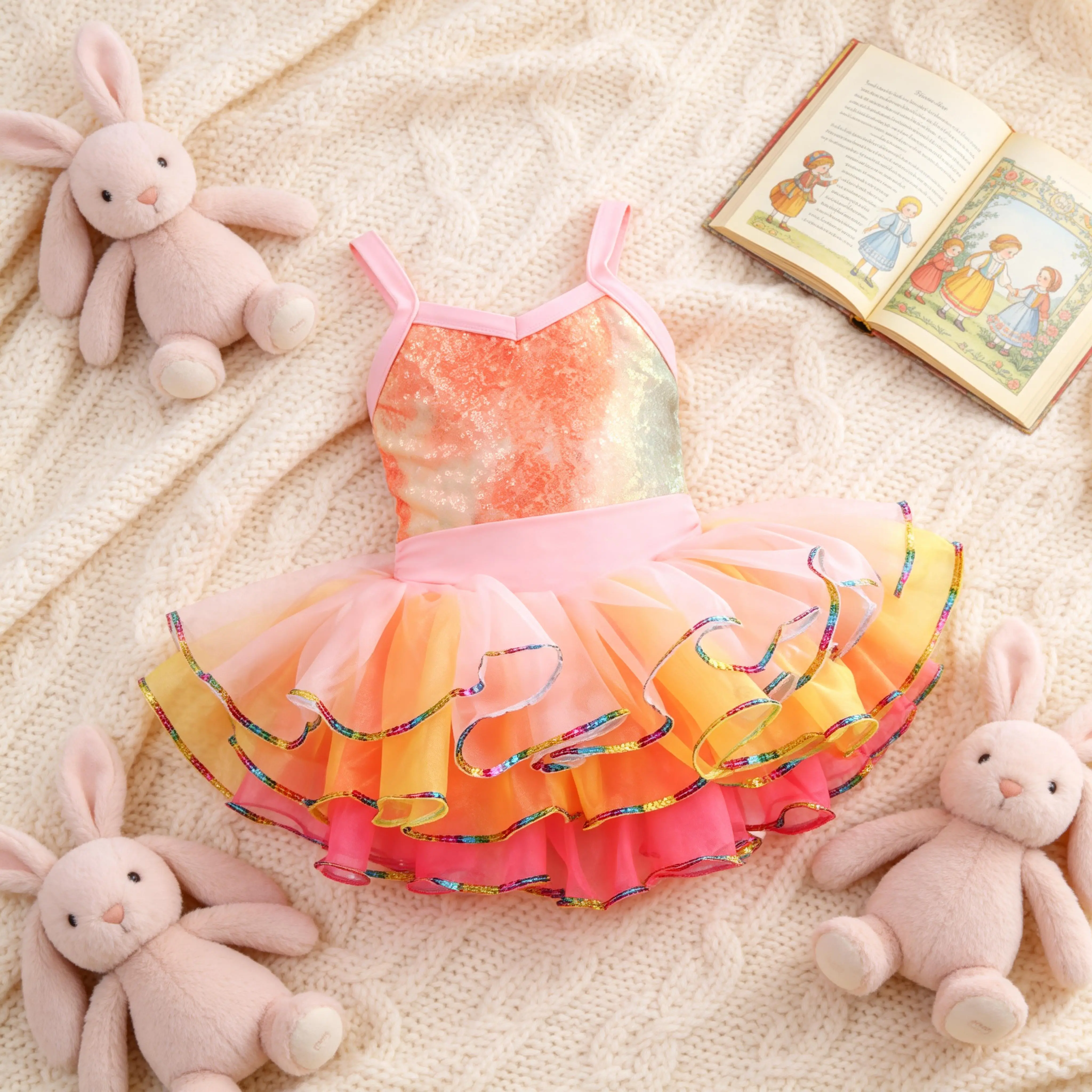 Girls Rainbow Ombre Ballet Tutu Dress Sequin Bodice & Iridescent Ruffle Trim Dance Recital Dress