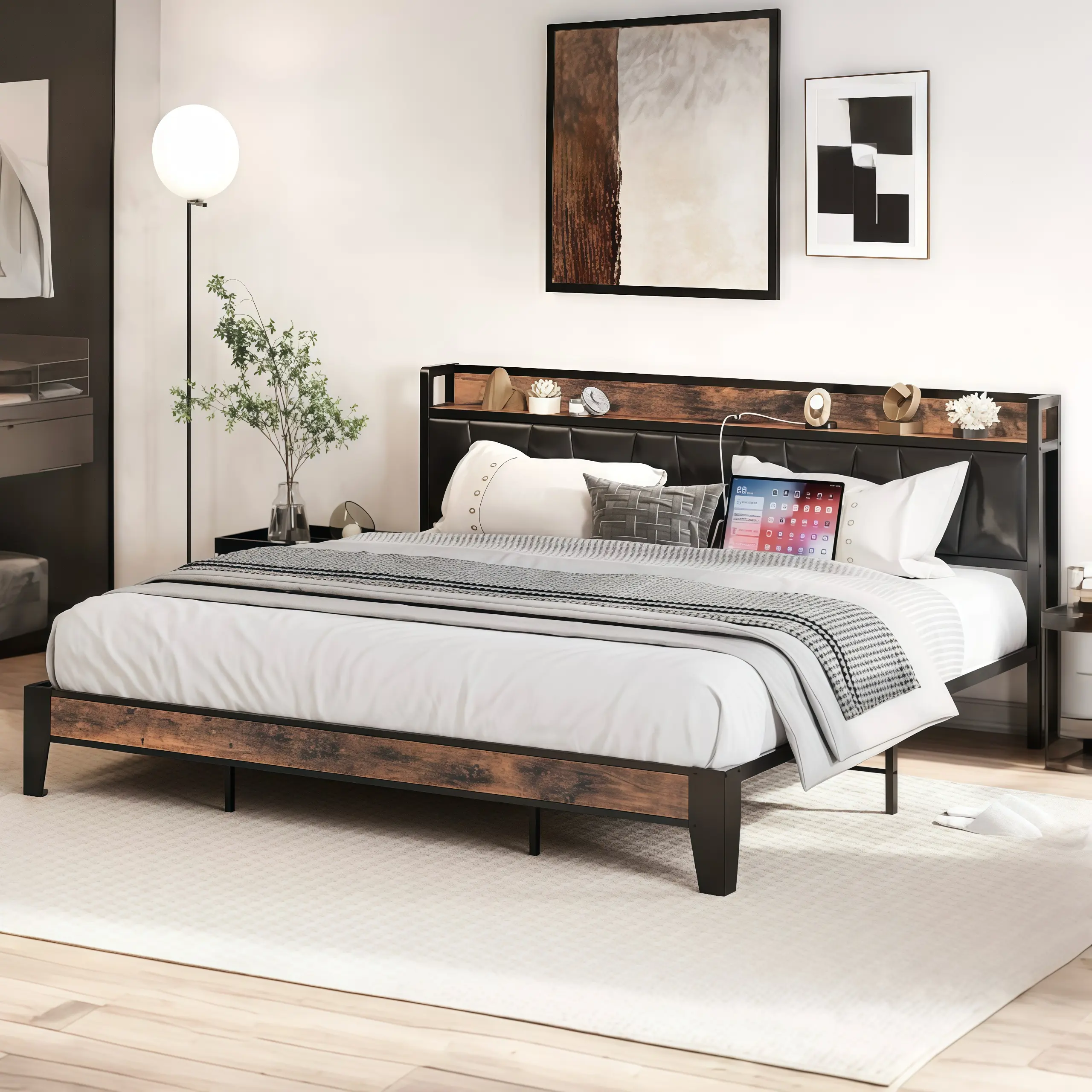 LIKIMIO Bed Frame, Storage Headboard with Charging Station, Solid and Stable, Noise Free, No Box Spring Needed, Easy Assembly Transitional Platform Bed Sturdy Platform Bed,dorm essentials,home decor