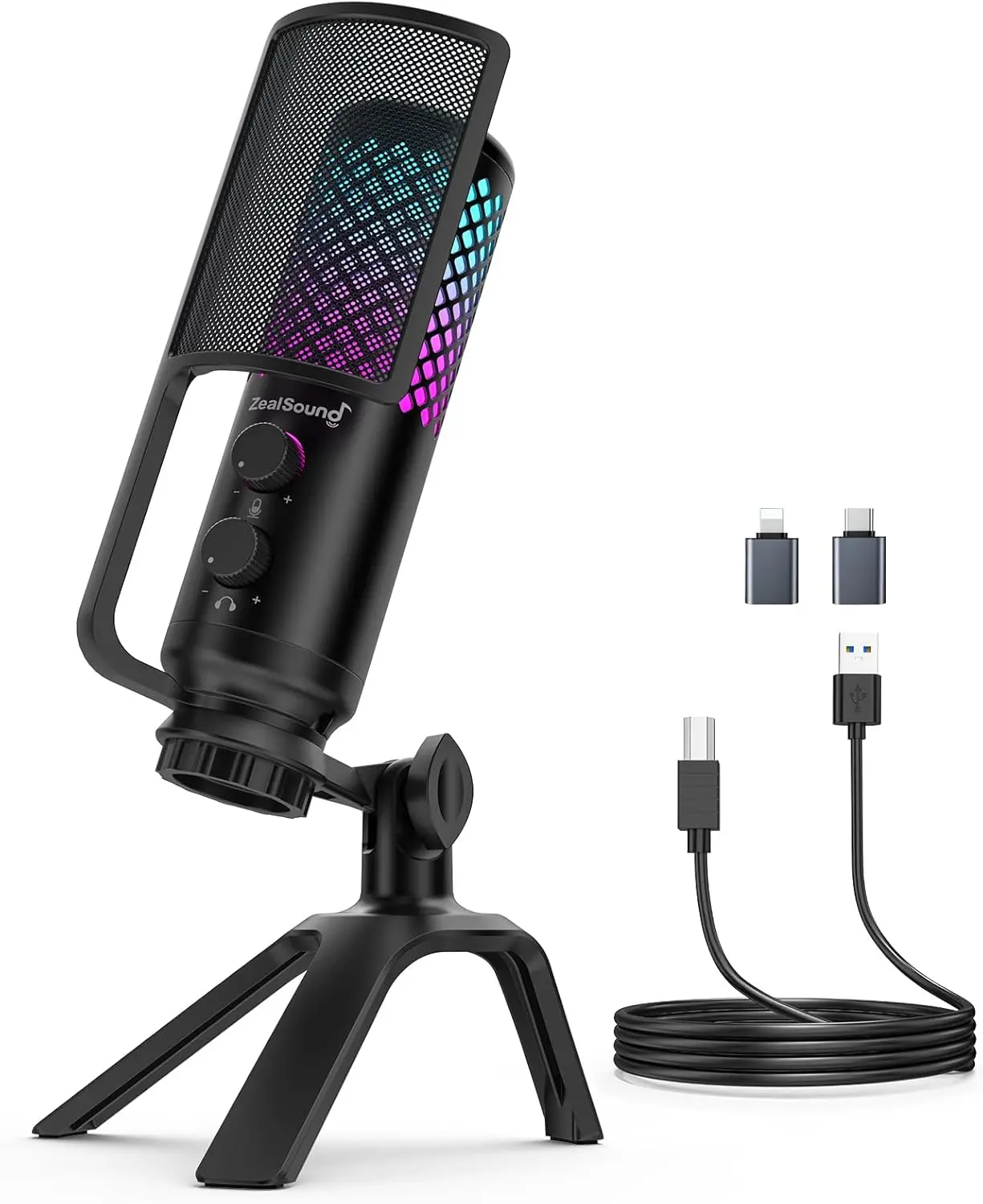 ZealSound Podcast Microphone for PC/Mac/iPhone/Phone – 96kHz/24bit USB Condenser Mic with Noise Reduction, Tap-to-Mute, Gain Control, Zero-Latency Monitor, RGB Light for Streaming, Gaming, Recording Game Audio