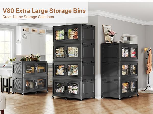 BROVIEW V80 165-300Gal Plastic Collapsible Storage Bins, Plastic Extra Large Storage Bins with Wheels, Stackable Closet Organizer and Storage Drawers, Black