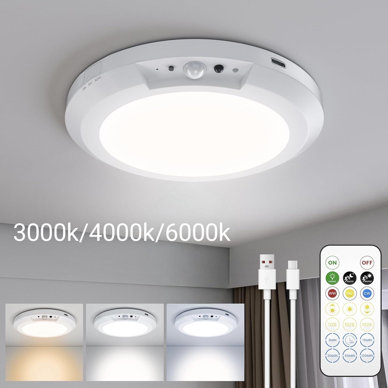 Motion Sensor Ceiling Light, Rechargeable Wireless Magnetic Light with Remote, Battery Powered Ceiling Lamp for Closet, Shower, Stairs, Hallway, Porch & Patio patio ect