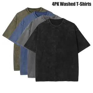 4 Pack Oversized Tshirts for Men Gym Vintage Heavyweight Cotton Workout Acid Wash Baggy Tees Comfortable Durable