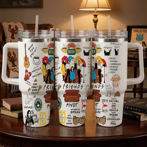 Friends TV Show Car Cup (40oz/30oz/20oz) Central Perk Print Cartoon Iconic Quotes Design Durable Stainless Steel Double Wall Insulated Tumbler Suitable for Office Home Travel Gift Party