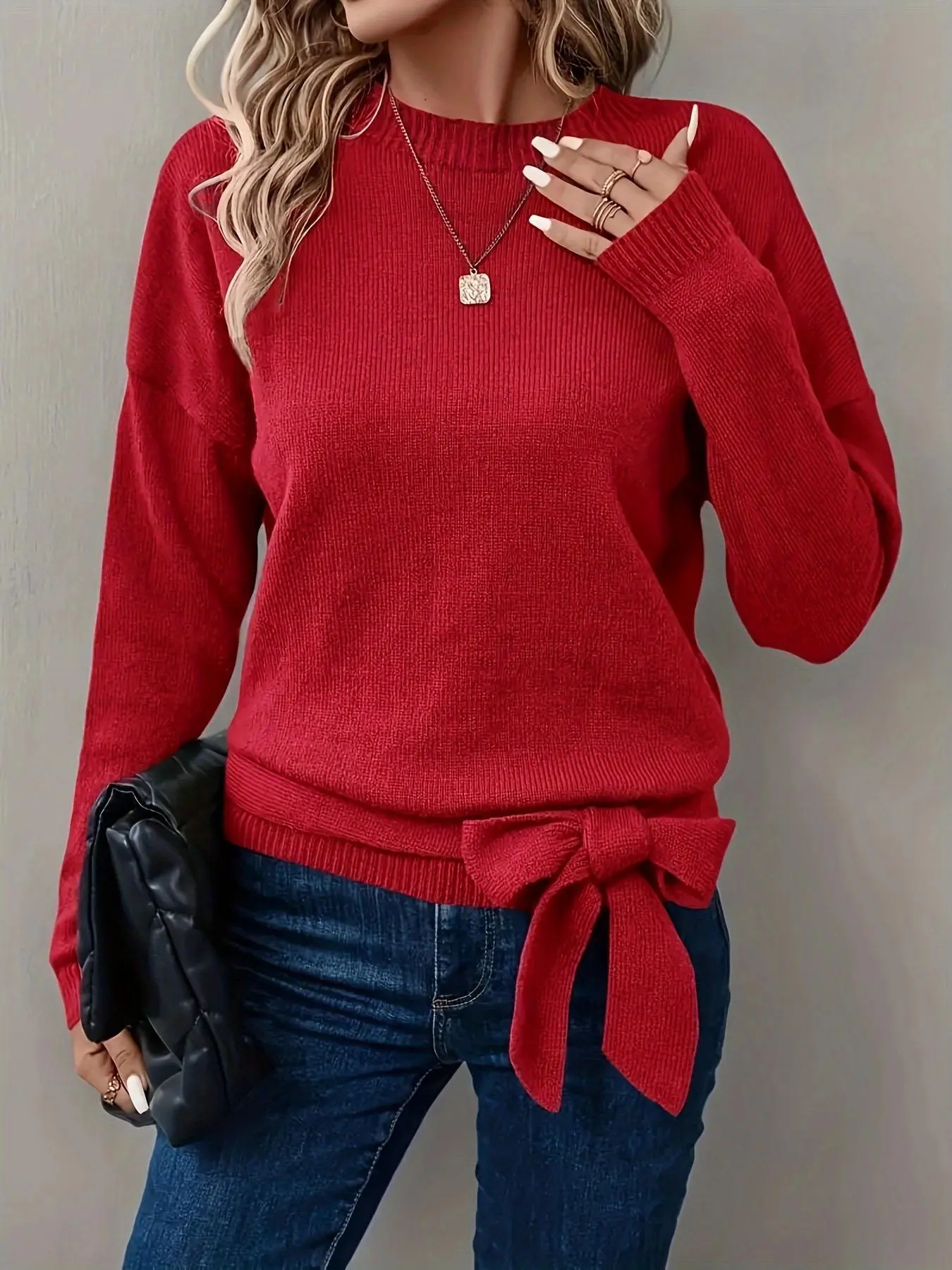 Women's Plain Bow Decor Drop Shoulder Sweater, Elegant Long Sleeve Round Neck Jumper for Fall & Winter, Fashion Women's Casual Knitwear for Daily Wear Tops