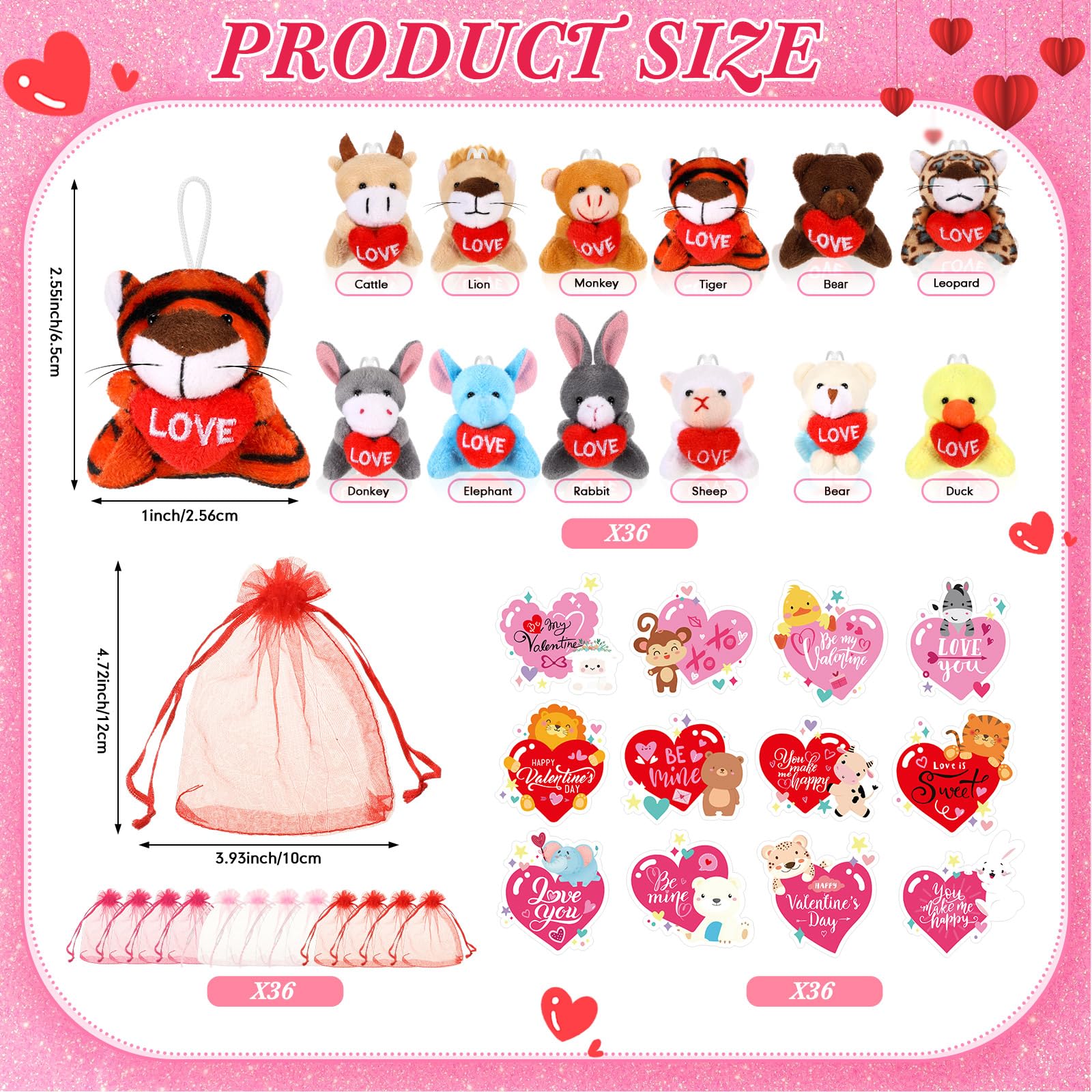 12/24 Sets Mini Valentine's Plush Animal Stuffed for Valentine's Party Favors for Students Classroom Gift Exchange Party Goodie Bags Valentine's Day Gift Birthday Gift Bags with Tags Festival Decor