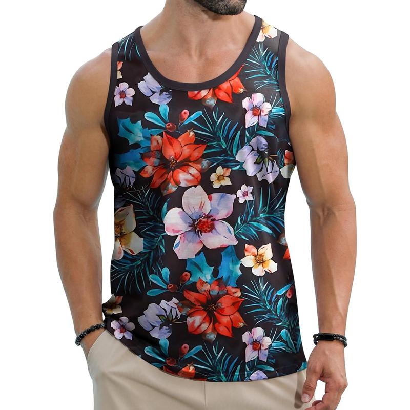 Floral Hawaiian Tank Top Menswear, Tropical Funky Gym Tank Breathable Fabric, Aloha Vest Tops Casual Streetwear Top Everyday Clothing