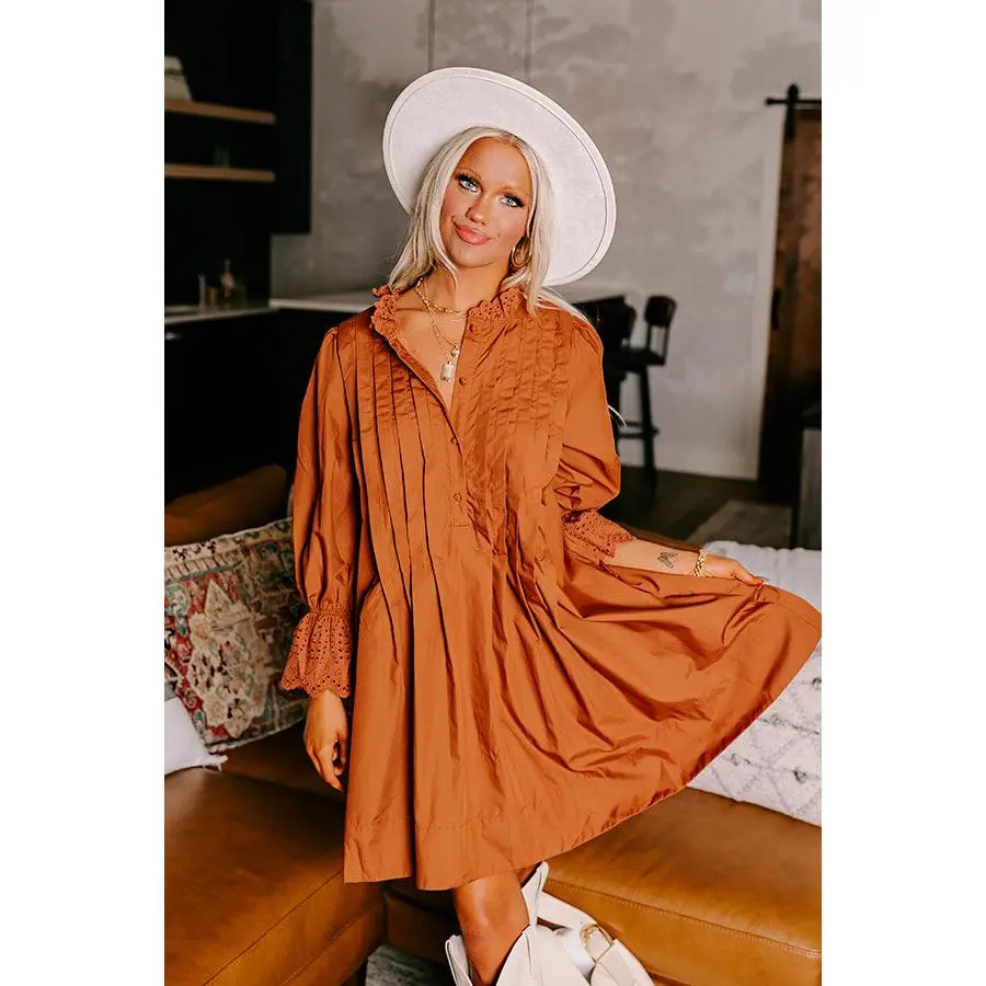 Caramel Kisses Pleated Mini Dress in Cinnamon