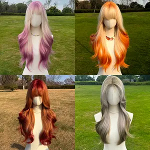 SMILCO/28Inch Pink/Orange Platinum Highlights with Bangs Long Synthetic Wig for Cosplay and Festivals/SM393