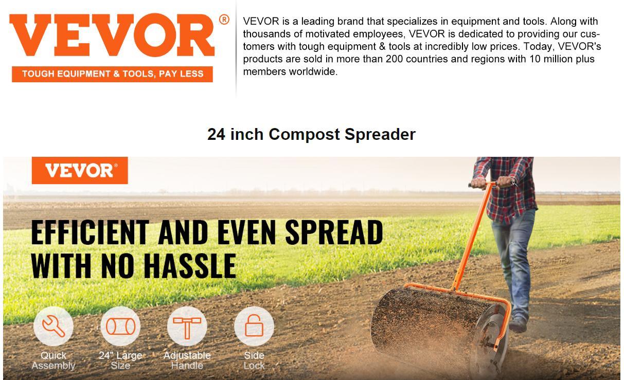VEVOR Compost Spreader Peat Moss Spreader 24 inch Wide 24.4-26.4" Height Adjustable Lawn & Garden Spreaders Compost, Top Soil, Mulch - Durable Lightweight Multi-Purpose Yard Care Equipment