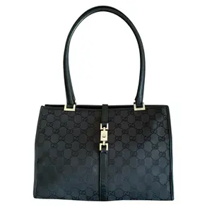 Pre-owned GUCCI Jackie Shoulder Bags Black Monogram Canvas And Leather Hobo Shoulder Bag With COA