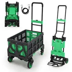 Garvee Foldable 2-in-1 Hand Truck with Basket, Foldable Hand Truck with Retractable Handle & 4 Wheels, 150 kg Capacity, Portable Cart for Moving, Shopping, Green.