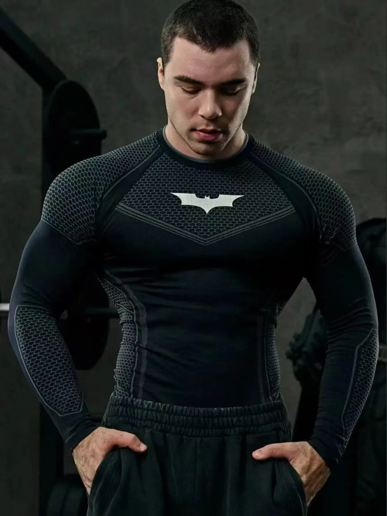 Men's Batman Sports Long-Sleeve Compression Running Top, High-Stretch Quick-Dry Design, High-Performance Activewear for Gym and Training, Athletic Fitness Top, Athletic Training Tops, Athletic Apparel, Athletic Sports Clothing