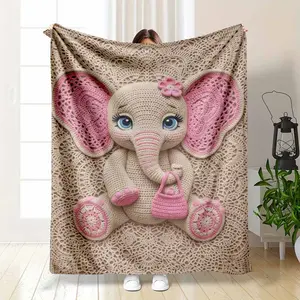 Cute Elephant Flannel Blanket Crochet Lace Art Print Design Soft Cozy Lightweight Texture Perfect for Sofa Decor Bedroom Accent Living Room Display Housewarming Gift Holiday Present Relaxing Home Use