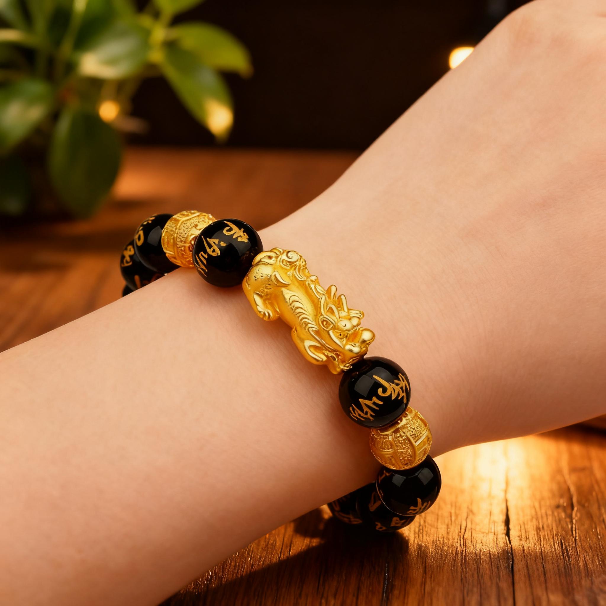 Black Obsidian Beads Wealth Bracelet Pixiu Character for Protection Bracelet Attract Wealth Good Luck Jewelry, Suitable for Any Occasion, Unisex