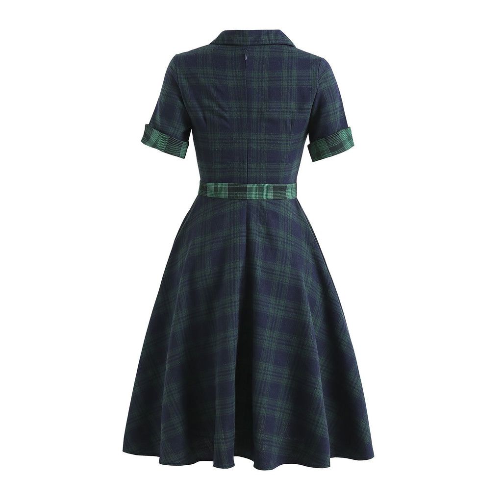 Retro Stage 1950S Green Plaid Short Sleeve Shirt Dress with Cinched Waist & Flared Skirt for Casual Outings & Dates - Classic Look & Comfortable Fit Womenswear Collared Shortsleeve Summer Basic Minimalist Vintage Girly Clothes Suits Gamis Fitted