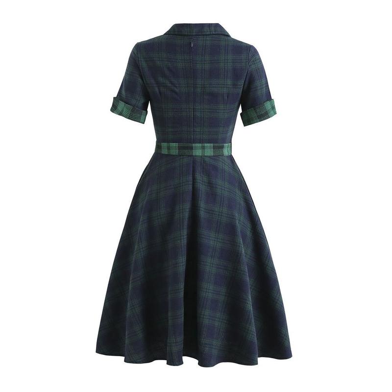 Retro Stage 1950S Green Plaid Short Sleeve Shirt Dress with Cinched Waist & Flared Skirt for Casual Outings & Dates - Classic Look & Comfortable Fit Womenswear Collared Shortsleeve Summer Basic Minimalist Vintage Girly Clothes Suits Gamis Fitted