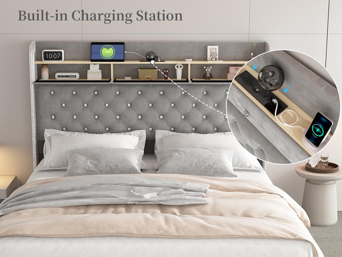 Queen Led Bed Frame with Galaxy Aurora Star Projector, Queen Platform Bed with Charging Station, 52" Upholstered Hidden Storage Headboard with Wingback, Noise Free, No Box Spring Needed, Velvet Grey