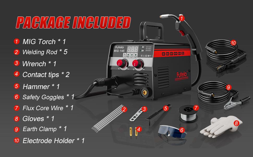 Futelo MIG-145 145A 110V Gasless Flux Core MIG Welder Machine 3-in-1 Flux MIG STICK TIG Welding Kit with 10 Accessories for Home DIY Indoor & Outdoor Repairs Stainless Steel Iron Steel Welding