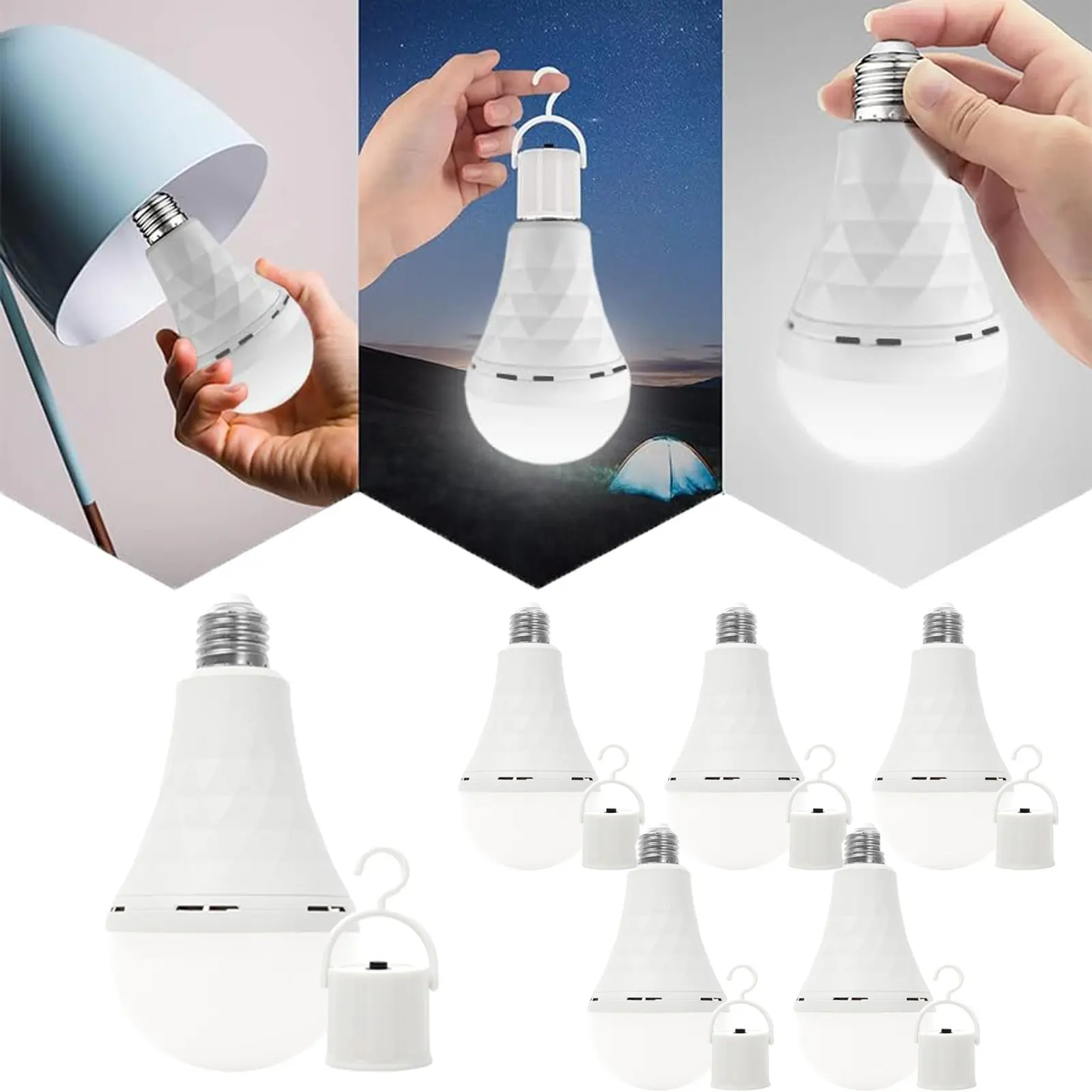 6 Pack Rechargeable Emergency Light Bulbs, Battery Powered 15W LED Light Bulb 6000K Daylight E26/E27 For Home Power Outage Camping Hiking (6 Bulbs, 6 Hooks)