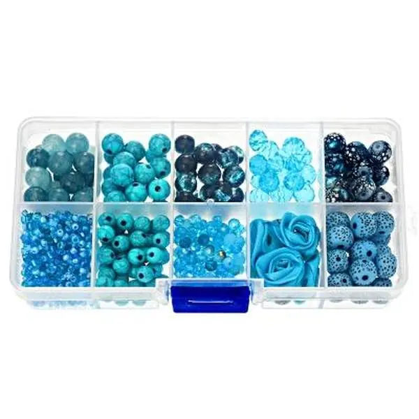 JTV Blue Glass & Resin Beads in Assorted Shapes and Sizes Set of 255 with 10g of Seed Beads, Assorted & Bead Assortments, 20 Ribbon Roses