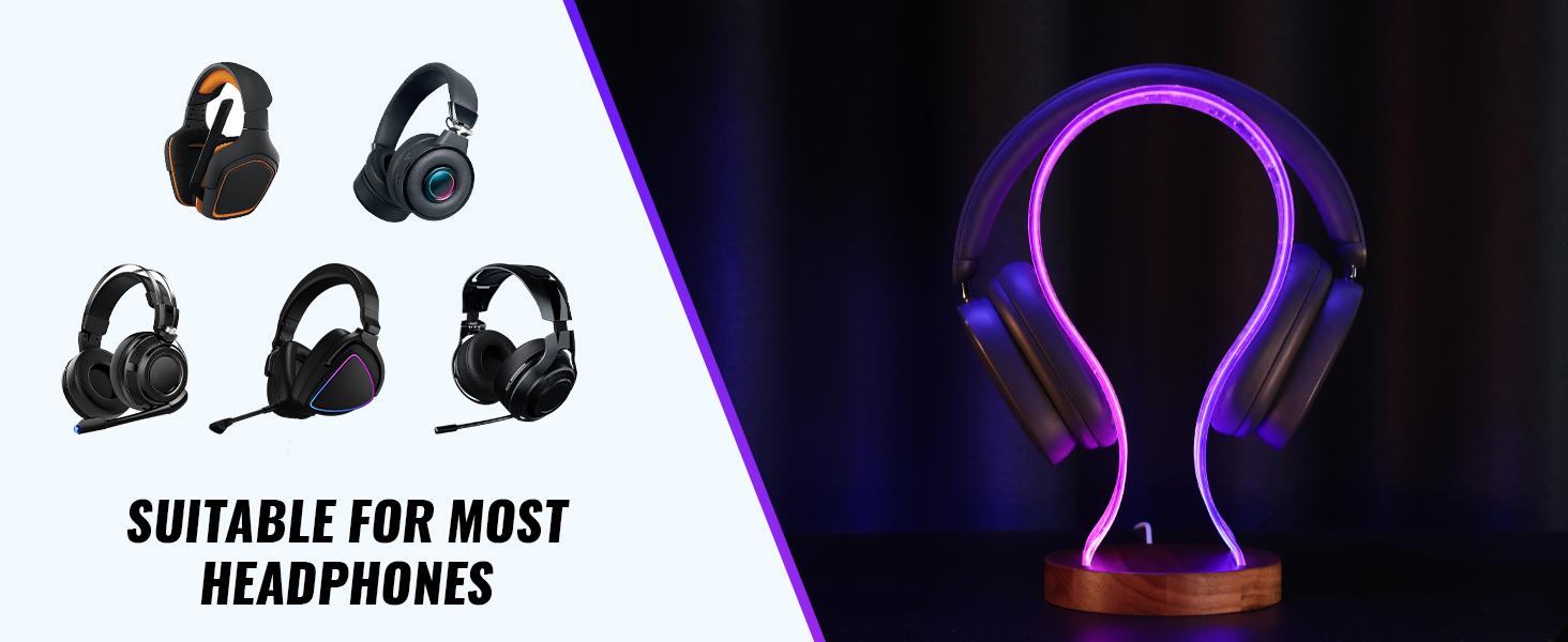 Walnut Wood Headphone Stand with Blue Pink LED Night Light – Perfect Birthday, Valentine’s Day & Christmas Gift for Gamers, Men, and Music Lovers