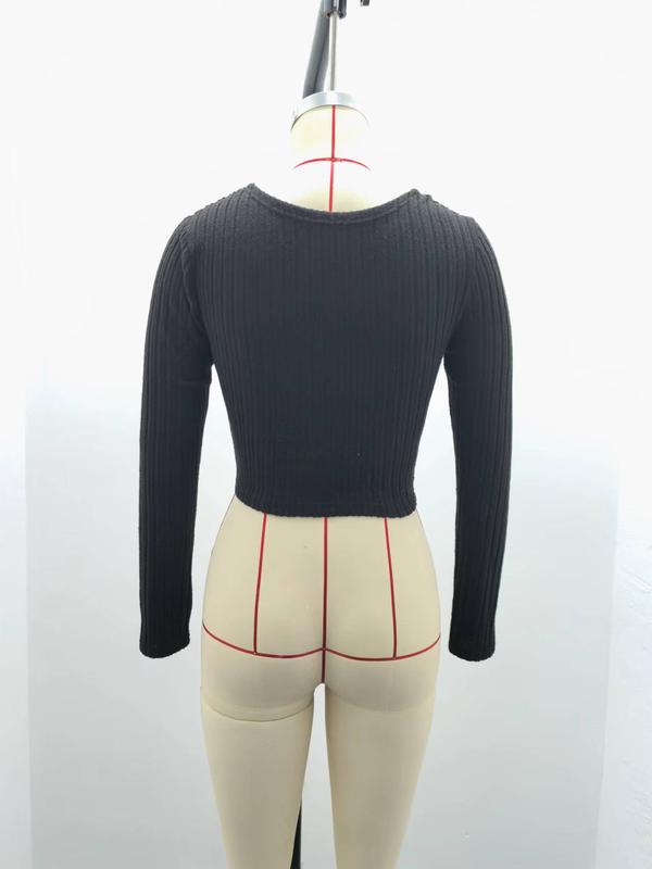 Short Deep V-neck Slim-fit Long Sleeve Knitted Sweater in Apricot & Black for Winter Pullover Style Thick Polyester Plain Design