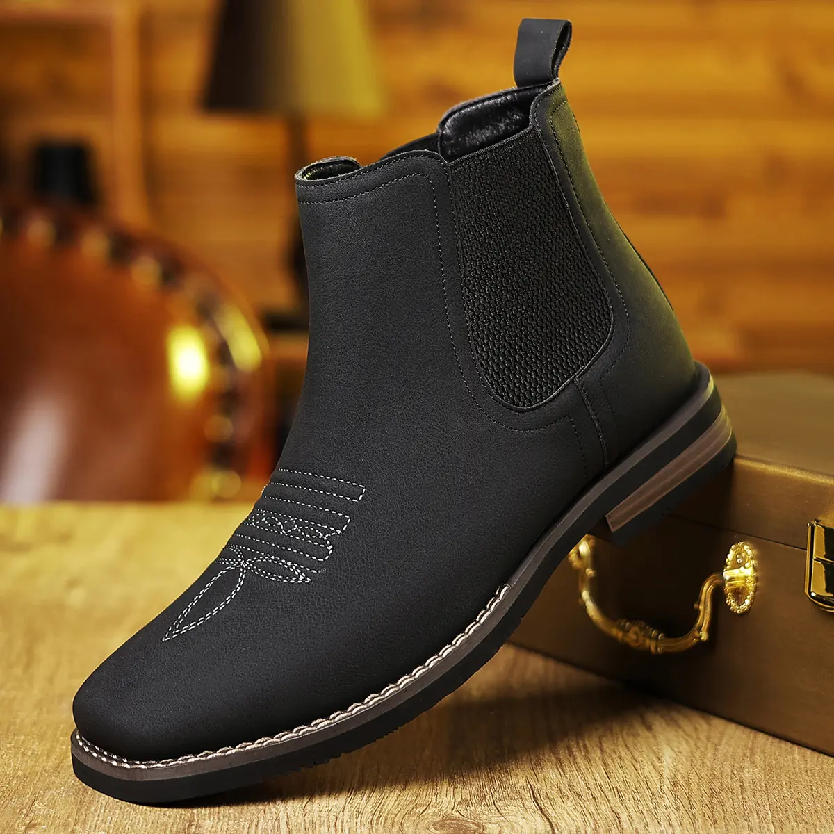 Men's Western Cowboy Boots Square-Toe Chelsea Ankle Boots Work Boots Casual Vintage Fashionable Classic Comfortable Versatile Available in Khaki and Black Outdoor Casual Closed-Toe Style