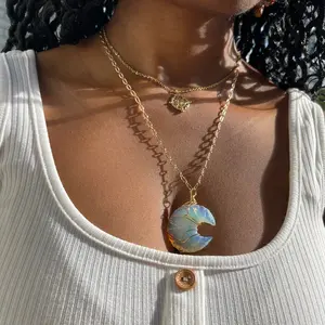 LUNA - Opalite Moon Necklace, 16k Gold Plated Chain, Hand-Wrapped Gold Wire, Adjustable Length, Genuine Opalite Crystal, Feminine & Elegant Design, Perfect for Layering or Solo Wear