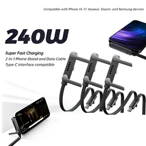 【3pcs】Invisible Stand Type-C Charger Cable, 240W Super Fast Charging 2-in-1 Charging Cord & Phone Holder for Gaming, Office, Car Travel – Black