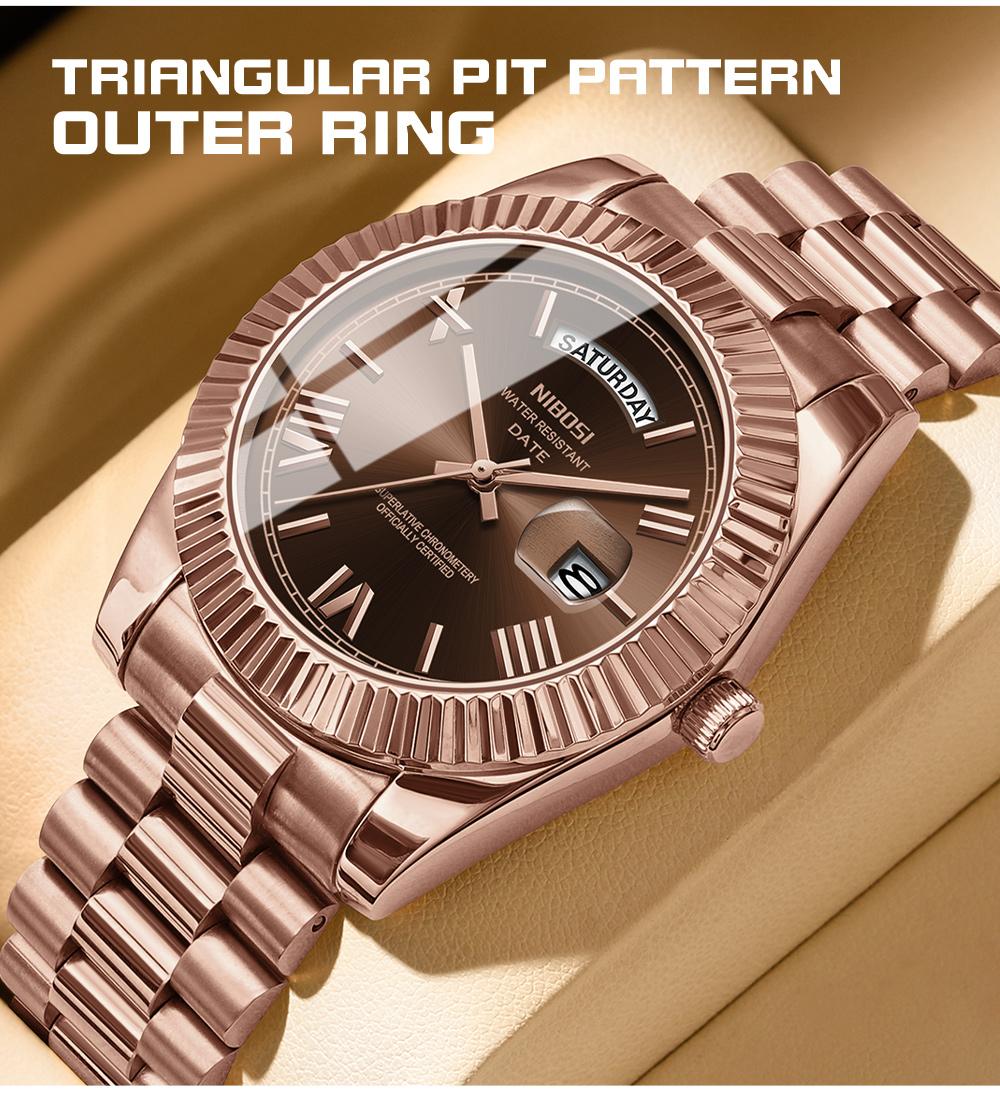 NIBOSI Men's Luxury Dress Watch 40mm rose gold Dial  Stainless Steel Band Rotating Quartz Analog Waterproof Luminous Big Face Boss Wrist Watch