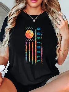 100% Cotton Women'S Softball Graphic Tee - SOFTBALL Print with Baseball Design, Casual Crew Neck Short Sleeve T-Shirt for Spring/Summer, Softball Apparel | Vibrant Print Tee | Comfortable Fit, Softball T Shirts