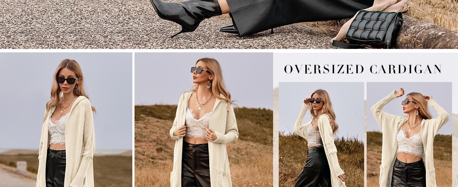 Imily Bela Womens Long Cardigans Cable Knitted Open Front Oversized Hooded Outerwear Sweater Coat