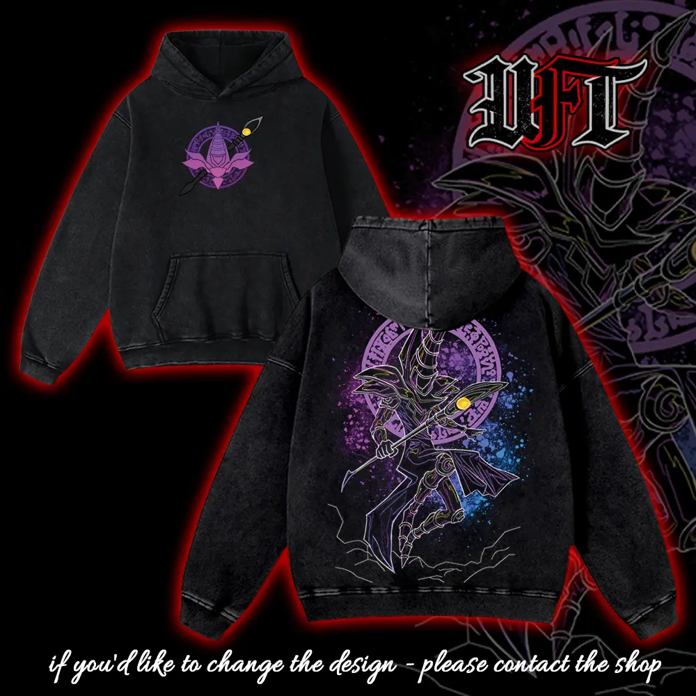 Black dark magician neon purple art ace card yugi muto yami monster card yugioh duel monster Anime Manga 2 sided Washed T-shirt Soft Menswear graphic tee