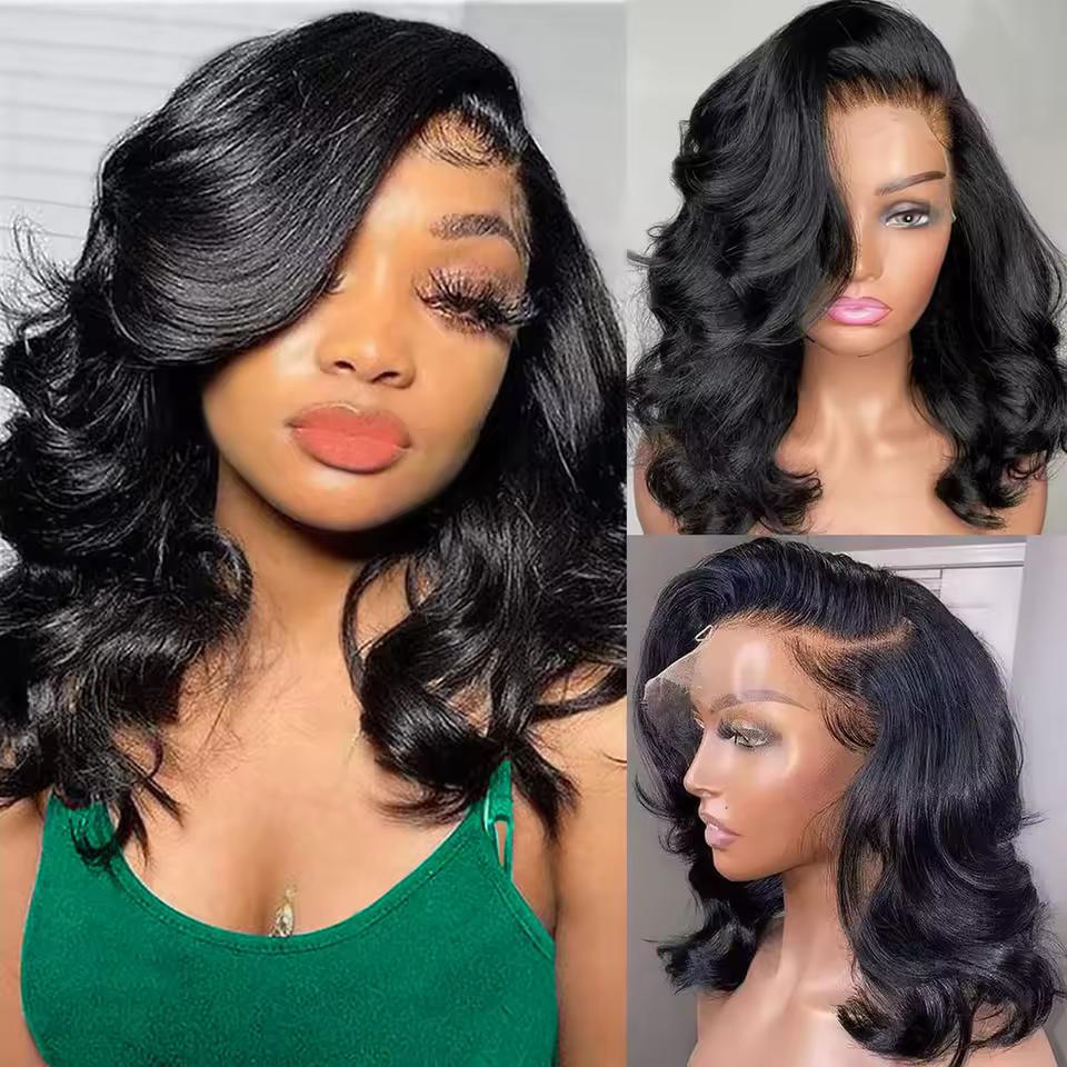 16 Inch Loose Body Wave Bob Wig Human Hair 13x4 HD Lace Frontal Pre-Bleached Knots Natural Hairline 180% Density Glueless Bob Wigs for Black Women