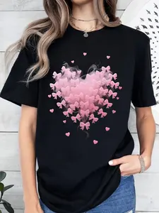 Women's Casual Short Sleeve T-Shirt: Cotton Black-Pink Heart-Butterfly Print Loose Fit, Elastic Machine-Washable, SS Versatile Top, Fun Design, Fit for Daily Outings