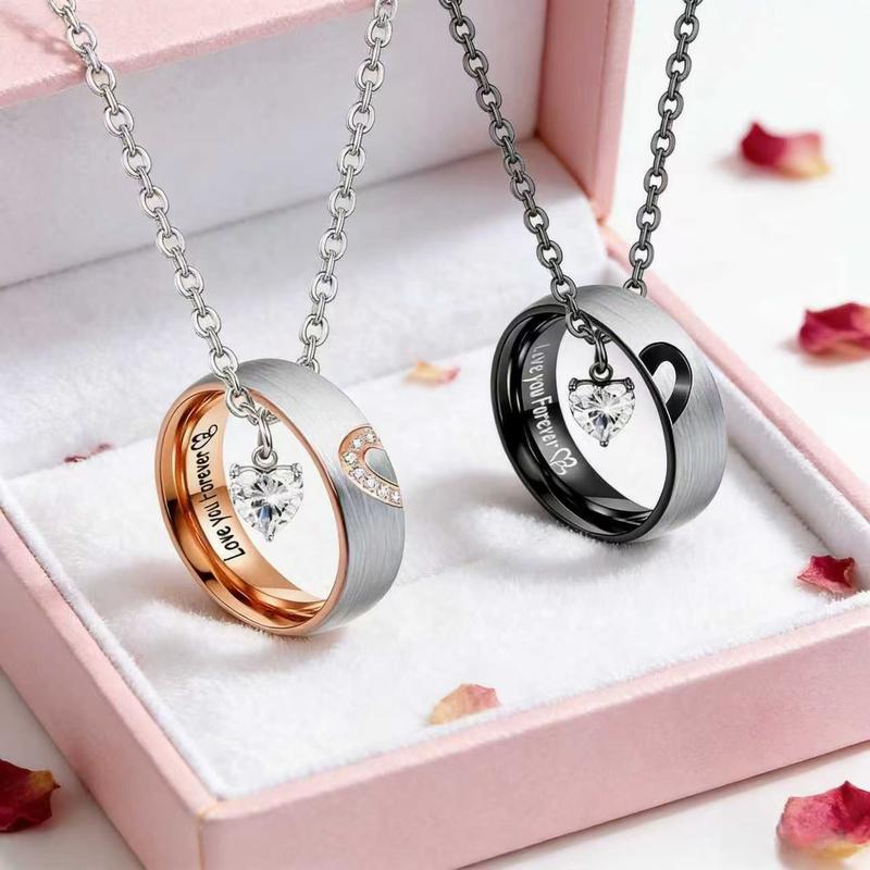 September  Couple Necklace Set with Matching Split-Heart Ring Pendants for Him & Her, Interactive Design, Minimalist Commemorative Jewelry, Valentine’s Day & Birthday Gift for Girlfriend and Boyfriend