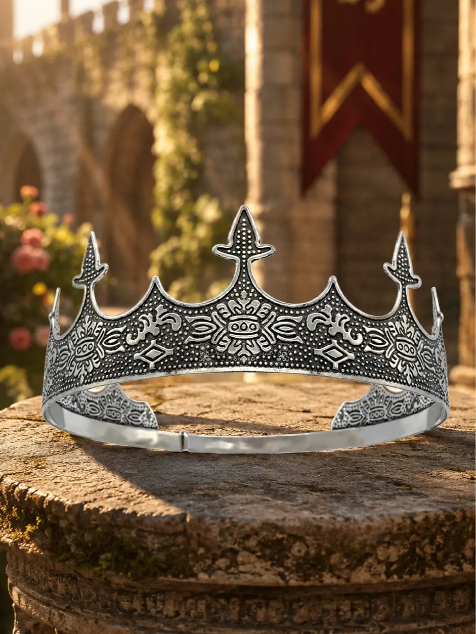 The Armored Kingdom Unisex Medieval Elegant Alloy Crown-Tiara, Handmade Carved 3.8 in Antique Silver Iron-Copper Headpiece, Adjustable Hypoallergenic Safe for All Skin Types & All Ages, for Ceremonies, Ponytails Styling, Ceremony