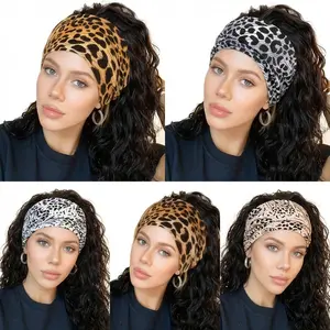 5 Piece Set Headbands for Leopard Print Women Wide Non Slip Boho Hair Band Knotted Workout Yoga Turban Wraps Comfortable Hair Accessories