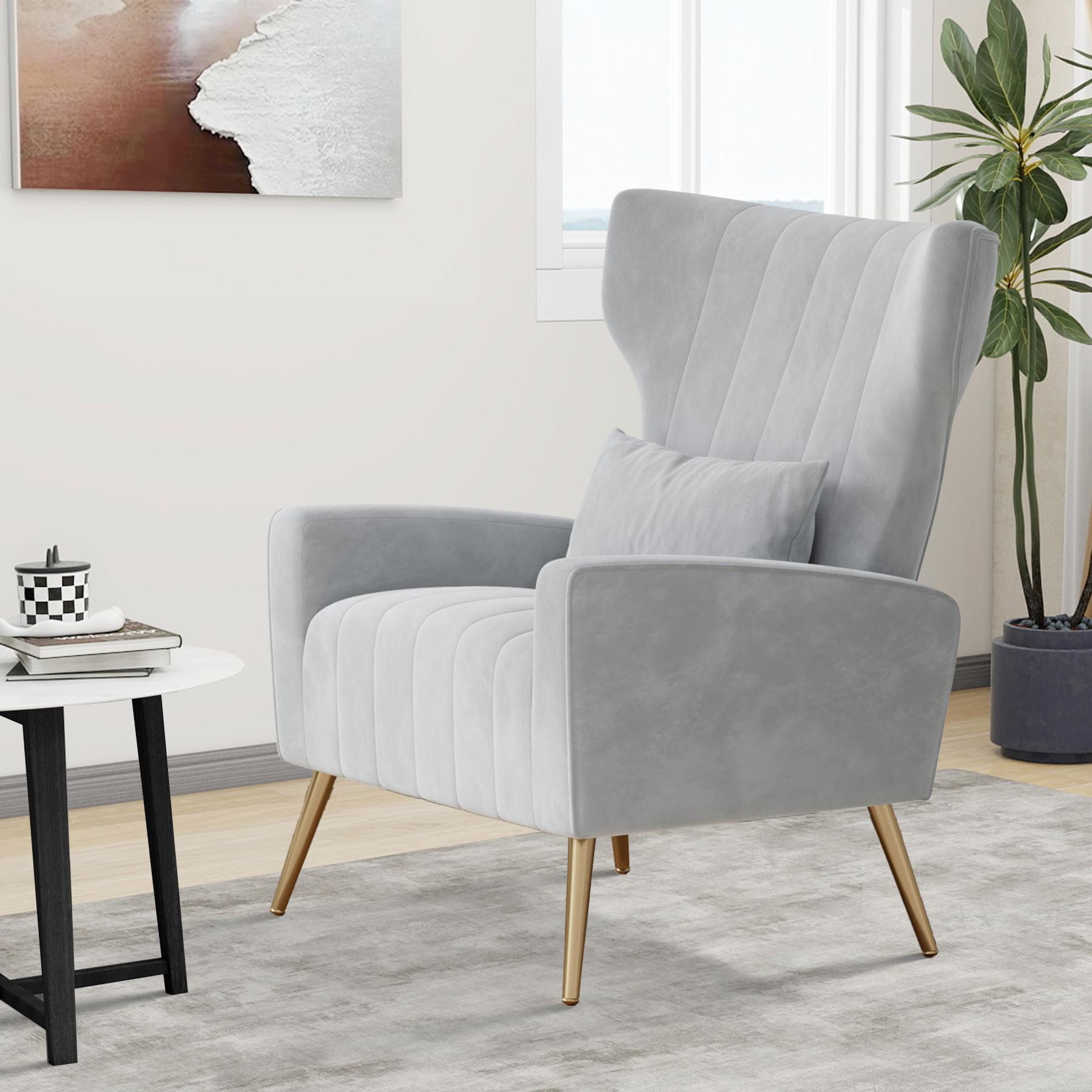 Mid Century Modern Armchair with High Back,Accent Chair,Velvet Fabric Upholstered Reading Comfy Sofa Club Chair with Metal Legs and Spring Support, for Living Room Bedroom,Orange