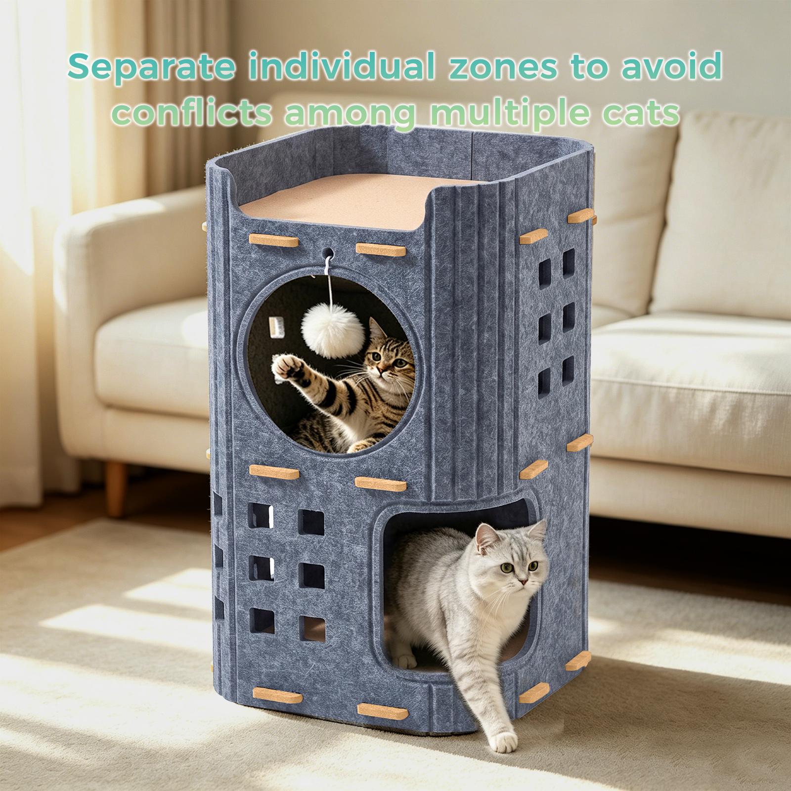 2-Tier Detachable Felt Cat Tower House Multi Level Cat Cave Condo with Hanging Pom-pom Toy Scratch Pad Base Breathable Hollow Window Design Indoor Large Space Cat Shelter for Kittens Adult Ca