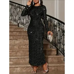 Elegant Long Sleeve Mermaid Evening Gown with Sparkling Sequins - Slim Fit, Waist-Cinching, High-Neck Design for Formal Events, Parties & Banquets, Formal Evening Gown Womenswear Workwear Black Basic
