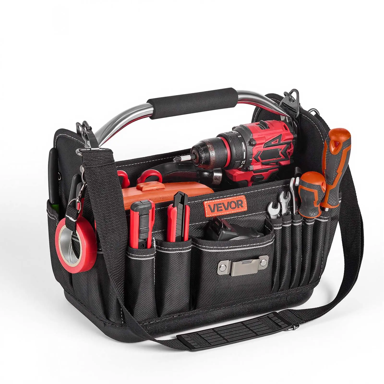 VEVOR Heavy Duty Tool Bag, 13 in Construction Tool Organizer with 33 Pockets, Open Top Tote, 30lb Capacity, Hard Plastic Upright Base, Tape Measure Clip, Adjustable Shoulder Strap, Reinforced for Repair & Maintenance Professionals, Low-Light Find Feature