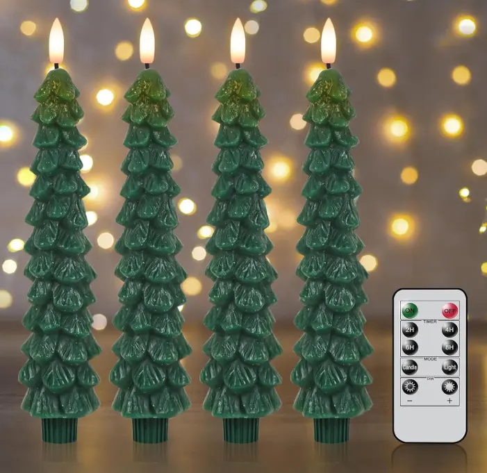 Green Wax Flameless Taper Candles 4 Pack with Remote, LED Candles, Battery Operated, 3D Flickering Flame, Real Wax Flame, Christmas Tree Decor Dimmable Light Home Lighting Home Lighting